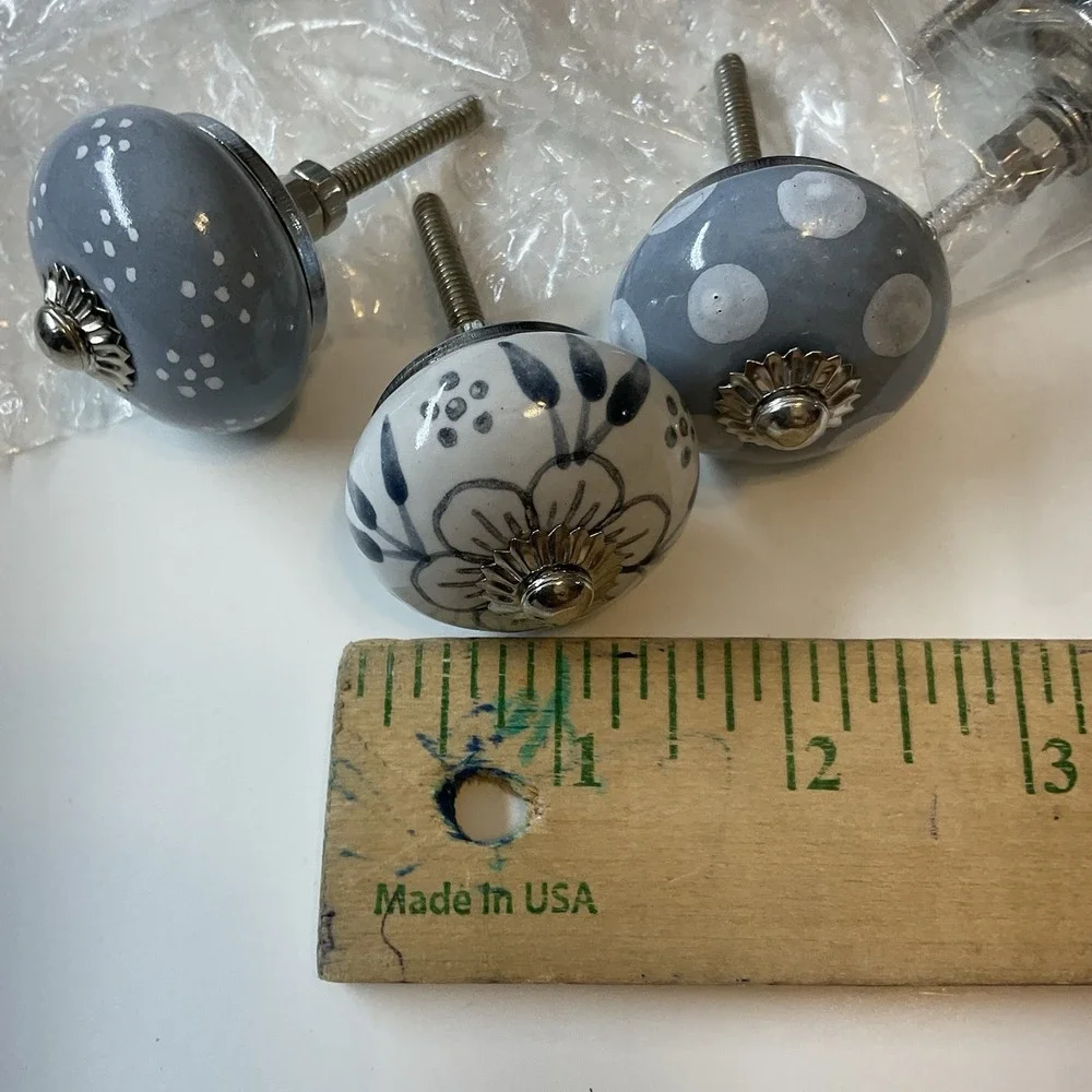 Vintage Porcelain Ceramic White Blue Pattern Drawer Cabinet Knobs Pulls Set Of 8